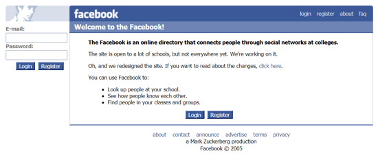 FirstVersions Facebook login 2005 screenshot Facebook : les Premières versions