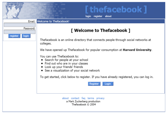 Thefacebook home page February 2004