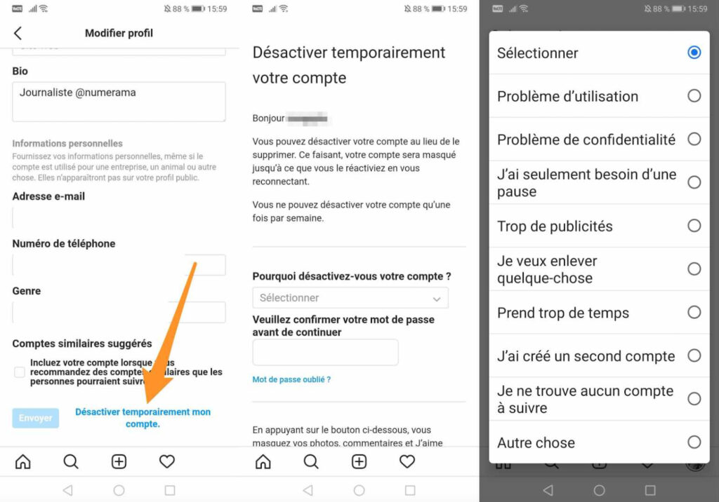 Supprimer un compte Instagram depuis un smartphone Android